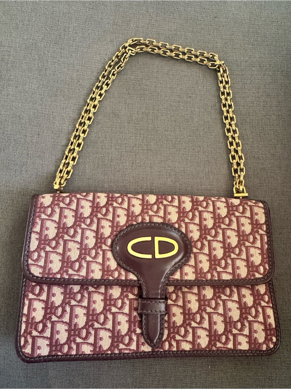 Dior 2018 Burgundy Monogram Oblique Canvas Shoulder Bag with Gold Chain